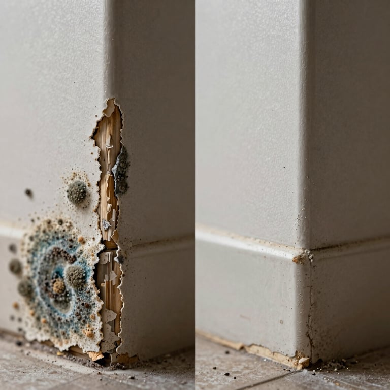 A split screen showing a mold-damaged corner and the same corner perfectly cleaned and restored.
