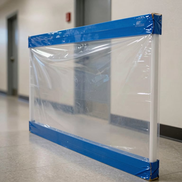 A secure containment barrier made of heavy-duty clear plastic and professional blue sealing tape in an Orlando hallway.