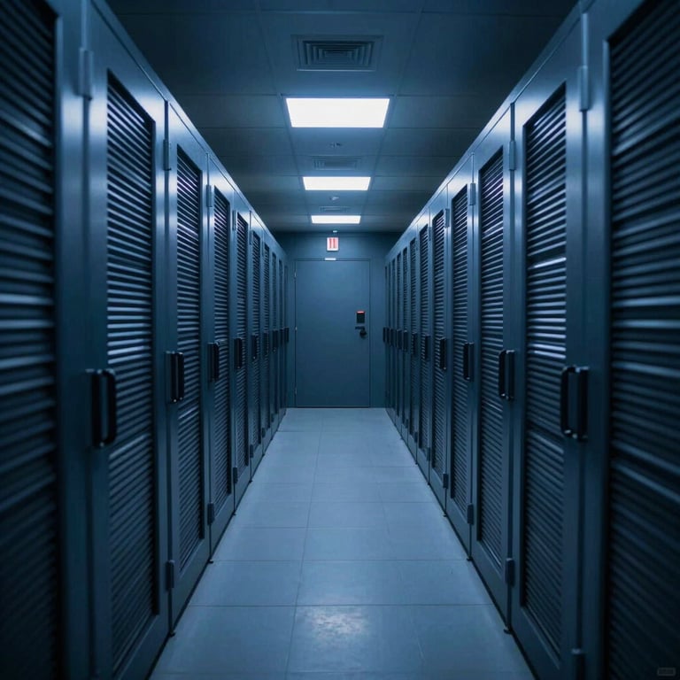 A secure data storage facility hallway with symmetrical lines and cool deep blue ambient lighting.