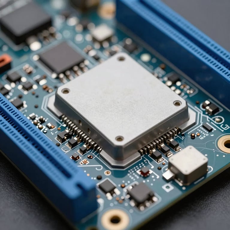 Precision electronic components on a motherboard with clean, light gray and deep blue metallic surfaces.