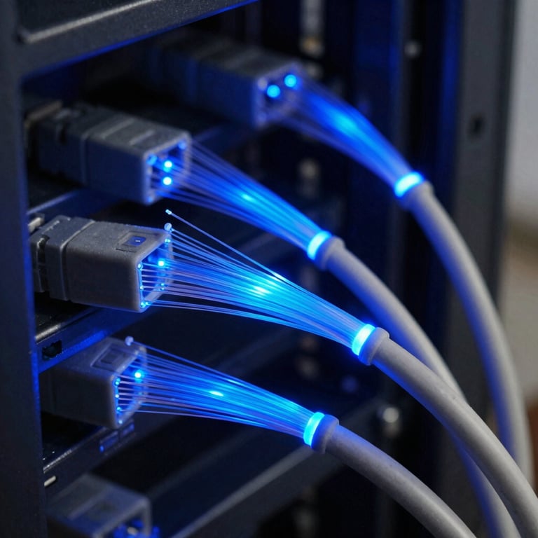 A close-up of high-speed fiber optic cables glowing with bright blue light in a dark navy networking rack.