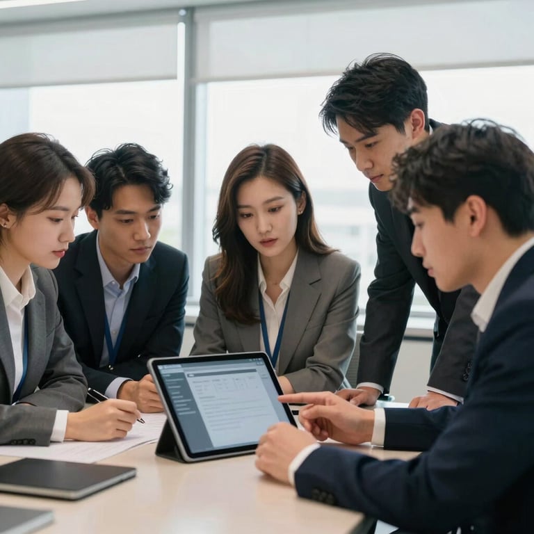 A professional team collaborating around a digital tablet in a bright North American / US conference room.