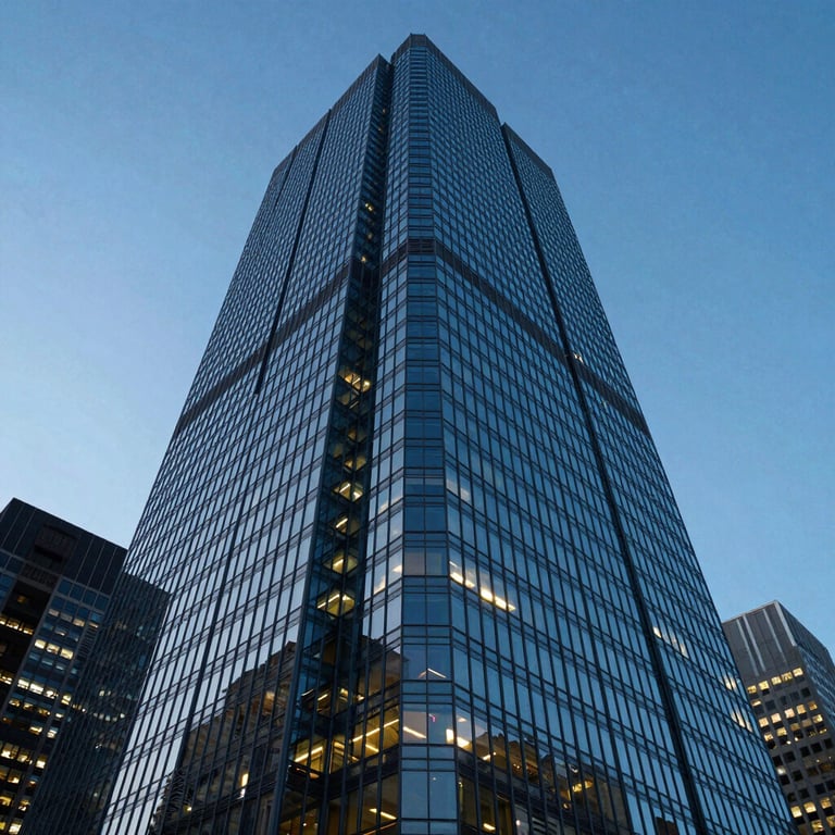 A low-angle shot of a glass-walled skyscraper in a major North American city at dusk with blue lighting.