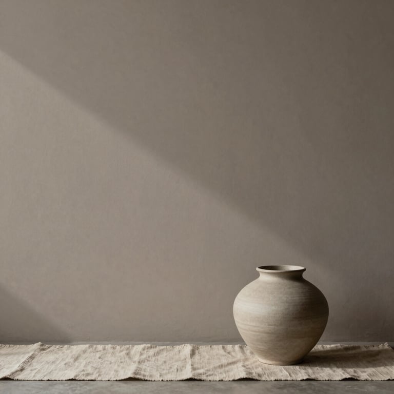 Minimalist interior corner with soft architectural shadows falling on a blank cool taupe wall, a single matte ceramic vessel on a raw linen runner.