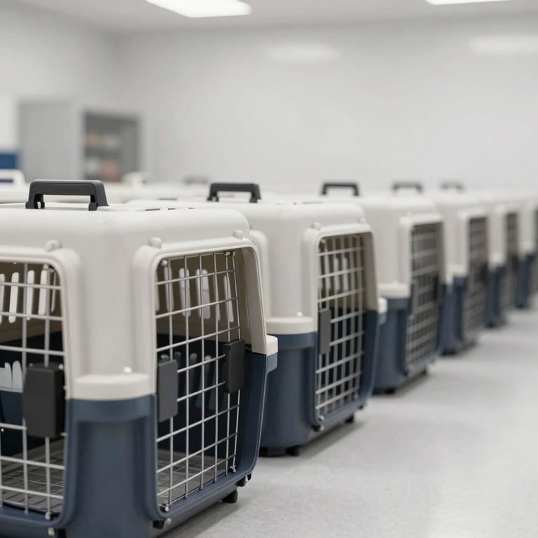 A line of clean, uniform pet carriers prepared for a transport mission in a bright Indiana facility. Tones of #F8FBFD.
