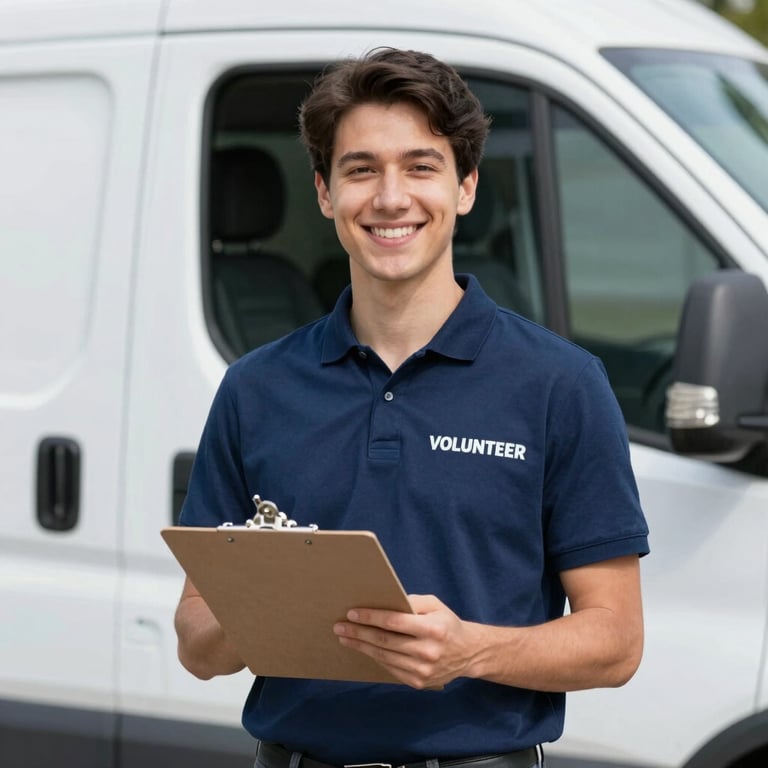 A professional volunteer smiling while holding a clipboard next to a transport vehicle, representing reliable coordination. Tones of #1E3A4B.