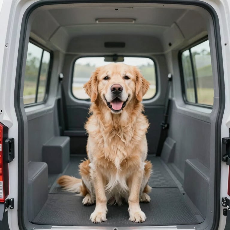 A golden retriever sitting happily inside a secure, padded transport van with soft daylight filtering through the windows. Tones of #A7BCC9.