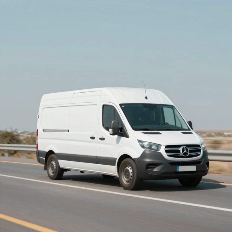 A transport van on a clear highway, symbolizing the literal movement toward a better future for animals. Tones of #A7BCC9 and #F8FBFD.