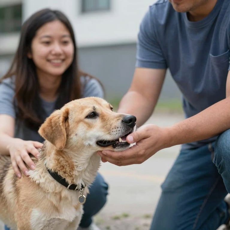 A joyful reunion where a rescue animal is handed over to a waiting foster parent at a destination point. Tones of #1E3A4B and #4F6B7C.