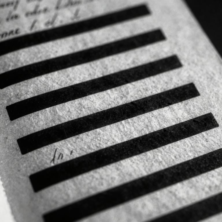 Extreme close-up of a weathered, handwritten historical document with parts redacted in heavy black ink, high contrast black and white, dramatic side lighting.