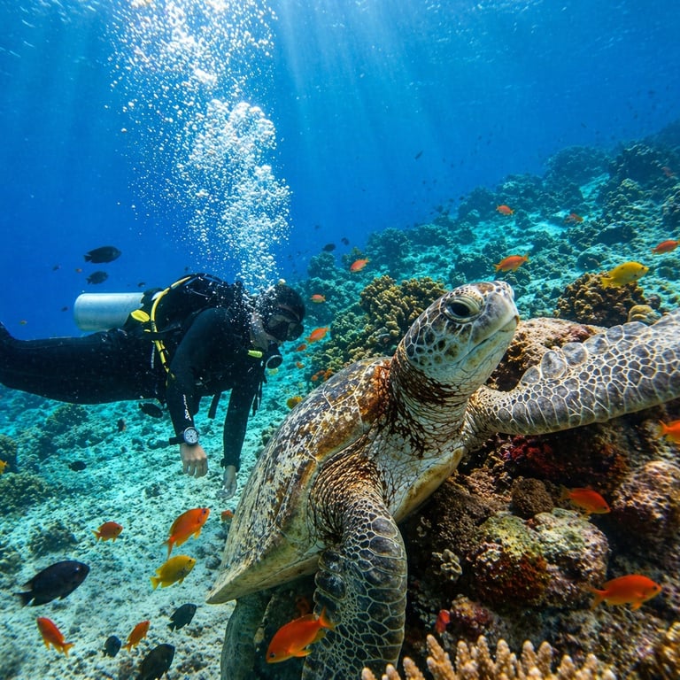 Scuba diver swimming with a large green sea turtle near a tropical coral reef with colorful fish.