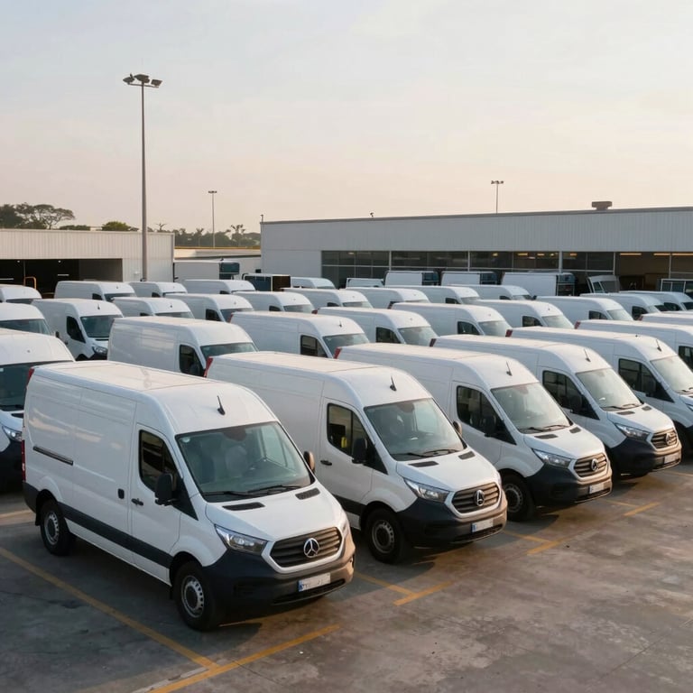 A fleet of modern white and navy delivery vans parked neatly at a Brazilian logistics hub during sunrise.