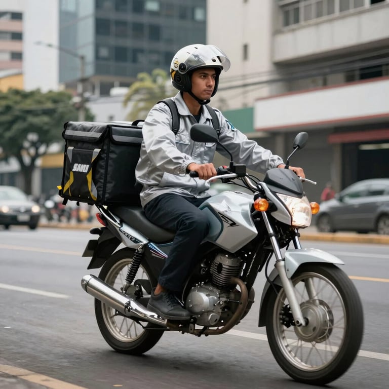 A professional delivery courier in a silver uniform riding a motorcycle through a modern South American city street.