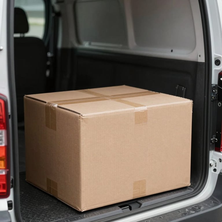 Close-up of a secure, well-packaged box being loaded into a clean delivery vehicle, professional lighting.