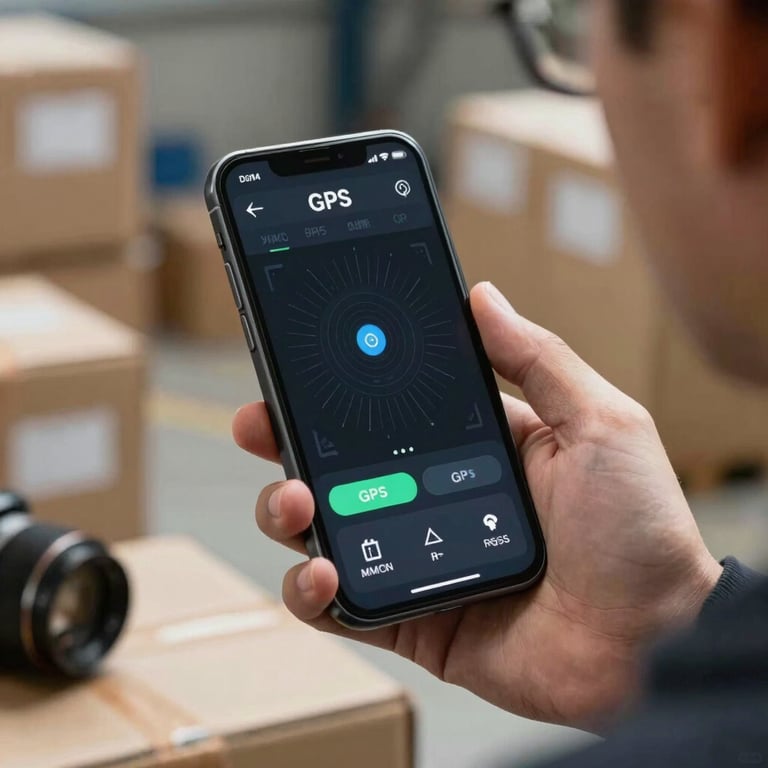 Modern GPS tracking interface shown on a mobile device held by a professional in a logistics environment.