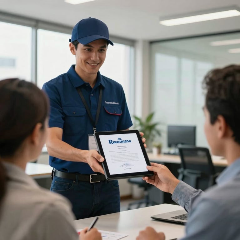 A courier handing a digital signature tablet to a satisfied client in a bright South American office building.