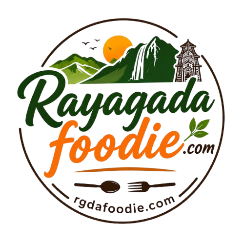 Rayagada Foodie logo featuring green mountains, a waterfall, and orange sunset over culinary text.