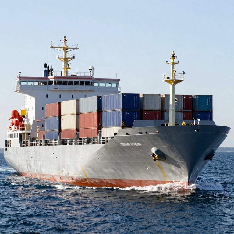 A high-value commercial marine cargo vessel navigating through cold Canadian waters, crisp daylight, detailed steel hull and container stacks.