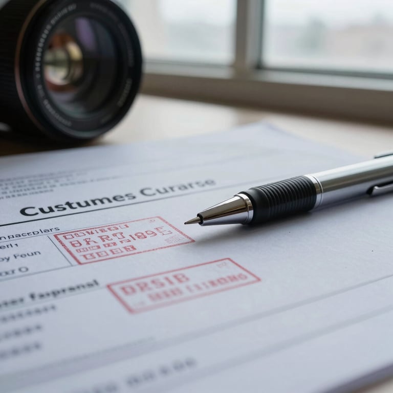 Macro detail of customs clearance paperwork with official stamps, a technical pen resting on the document under cold overcast window light.