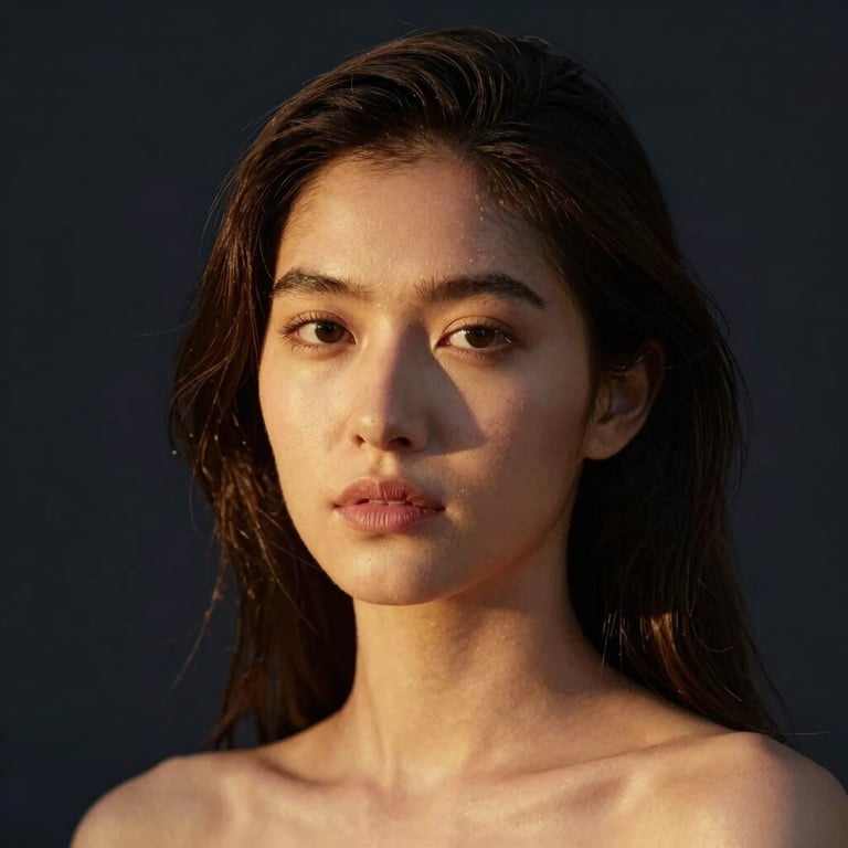 Serene portrait of a young Latina woman, calm expression, soft lighting, elegant dark background.