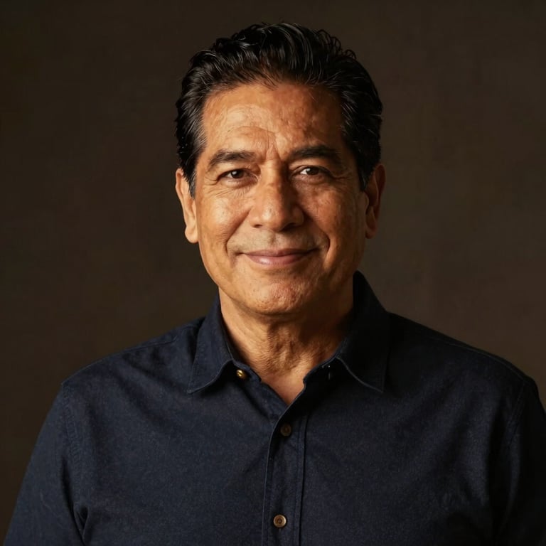 Serene portrait of a mature Hispanic man with a gentle smile, warm lighting, elegant dark background.