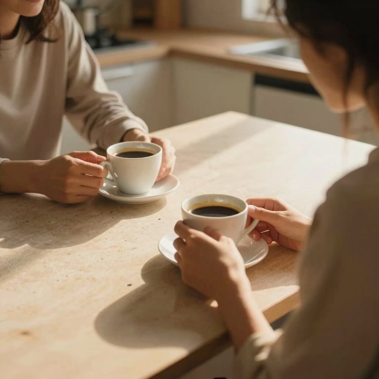 A couple sharing a quiet cup of coffee in a sunlit kitchen, soft morning light, warm shadows, authentic and unposed lifestyle photography