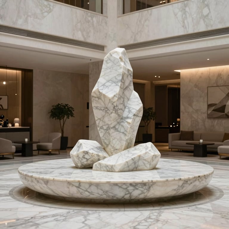 Wide shot of a luxury hotel lobby featuring a curated sculpted marble installation, soft diffused architectural lighting, elegant minimalist furniture in the background, medium format.
