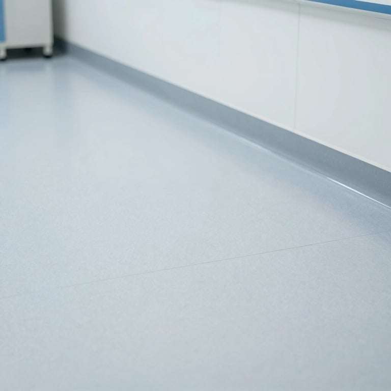 A clean clinical environment showing medical-grade vinyl flooring with coved skirting for hygiene.