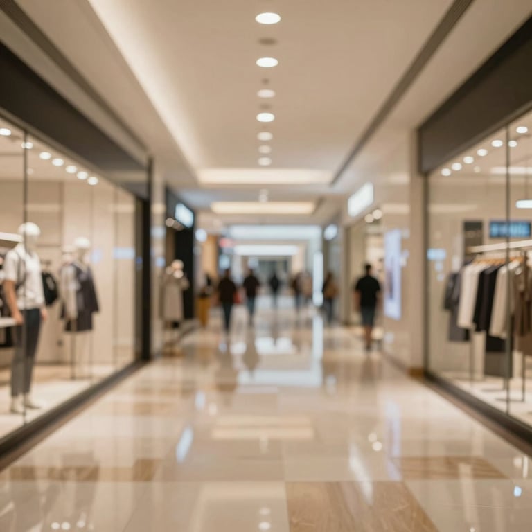 A commercial retail space in a Riyadh mall with high-gloss parquet flooring and elegant lighting.