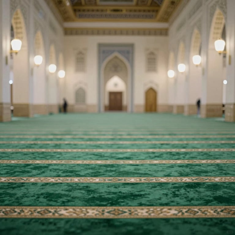 A wide shot of a large mosque in Riyadh with new, high-density green patterned carpets, soft interior lighting.