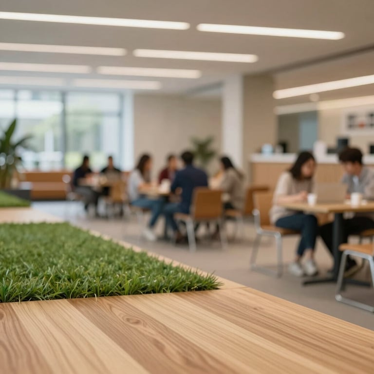 Modern university lounge featuring a mix of durable vinyl planks and artificial grass accents.