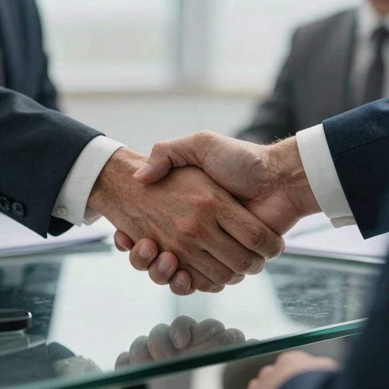 Detail shot of a professional handshake over a clean glass desk, representing trust.