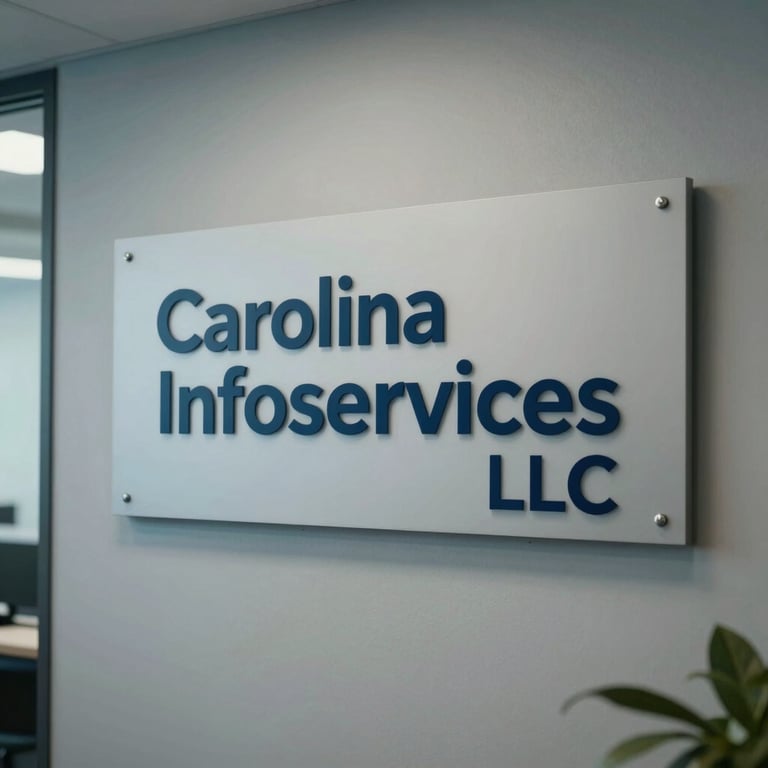 A clean office lobby with a sign for Carolina Infoservices LLC in soft blue gray and navy tones.