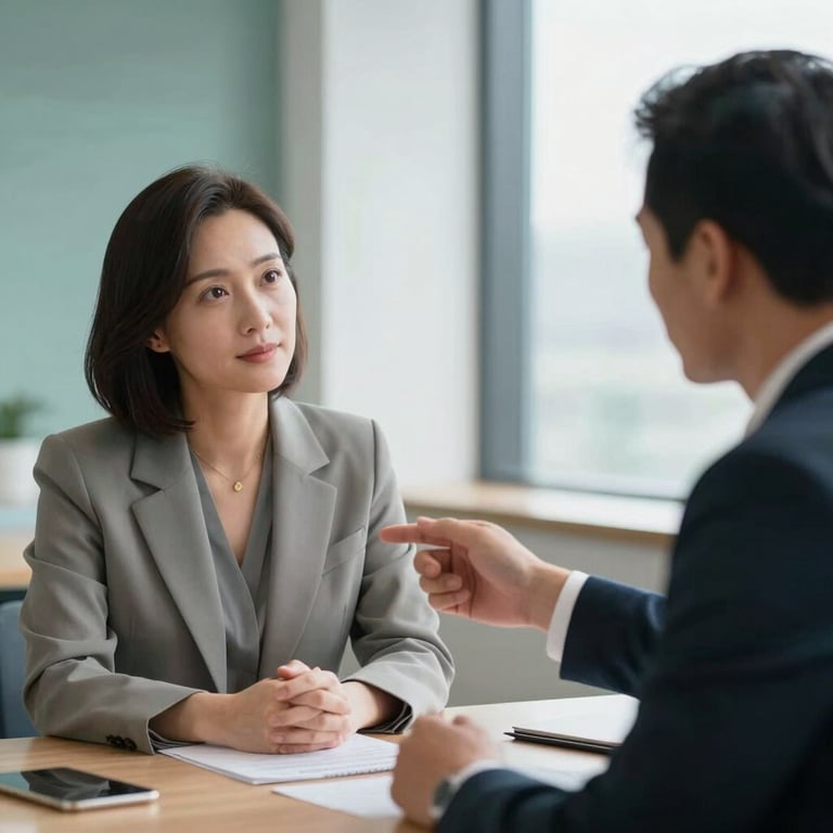 A supportive meeting between two professionals in a bright room with muted teal accents.