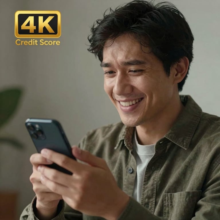 A person looking at their credit score on a smartphone with a look of relief and joy.