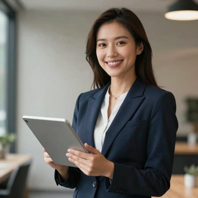 A smiling credit consultant in a dark slate blue professional outfit holding a tablet.