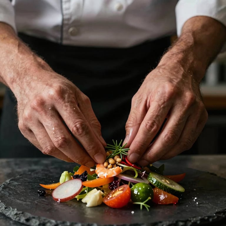 Close-up of a chef's hands preparing a dish with high-contrast, moody lighting and vibrant ingredients.