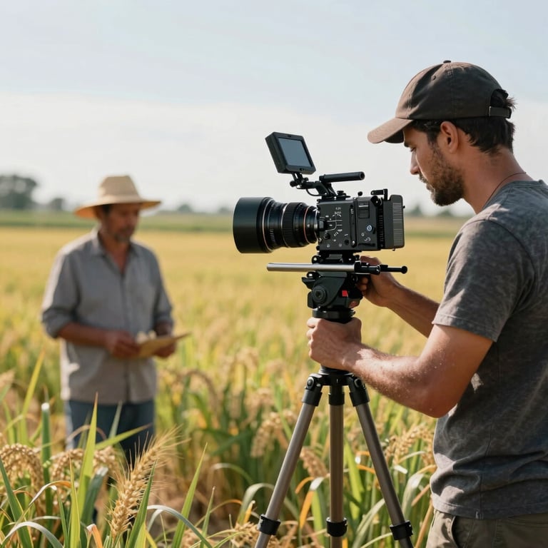 A content creator capturing a video of a local farmer in a sun-drenched field using professional equipment.