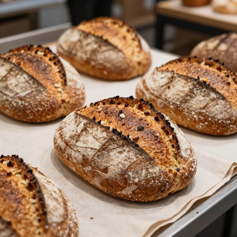 Artisanal sourdough bread loaves displayed on a Crisp Parchment cloth in a modern food market.