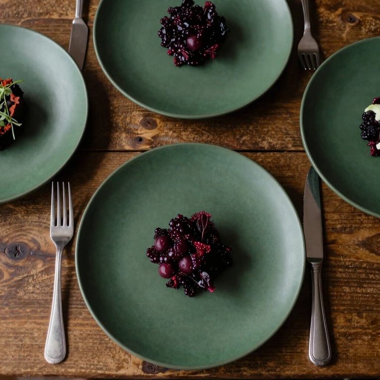 A top-down shot of a Western / European rustic dinner table with Matte Forest Green plates and Deep Ripe Crimson garnishes.