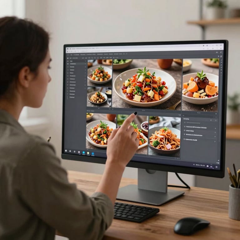 A candid shot of a social media manager editing food photography on a large monitor in a cozy studio.