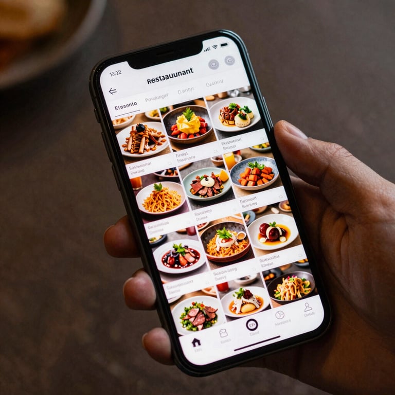 A stylized shot of a modern smartphone showing a vibrant social media grid for a restaurant brand.