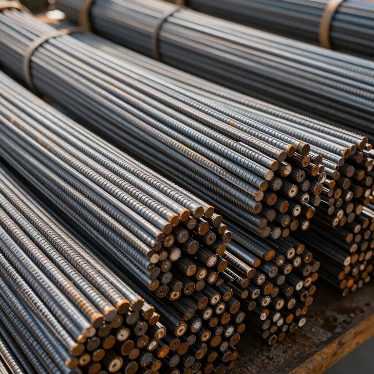 Neatly organized bundles of ribbed steel rebar ready for delivery at a modern distribution center.