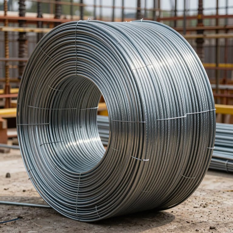 Industrial rolls of high-quality galvanized wire used for construction reinforcement.