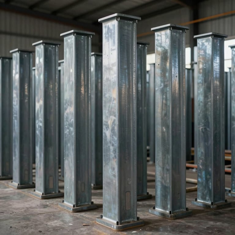 Prefabricated steel columns standing upright in an organized industrial storage area.