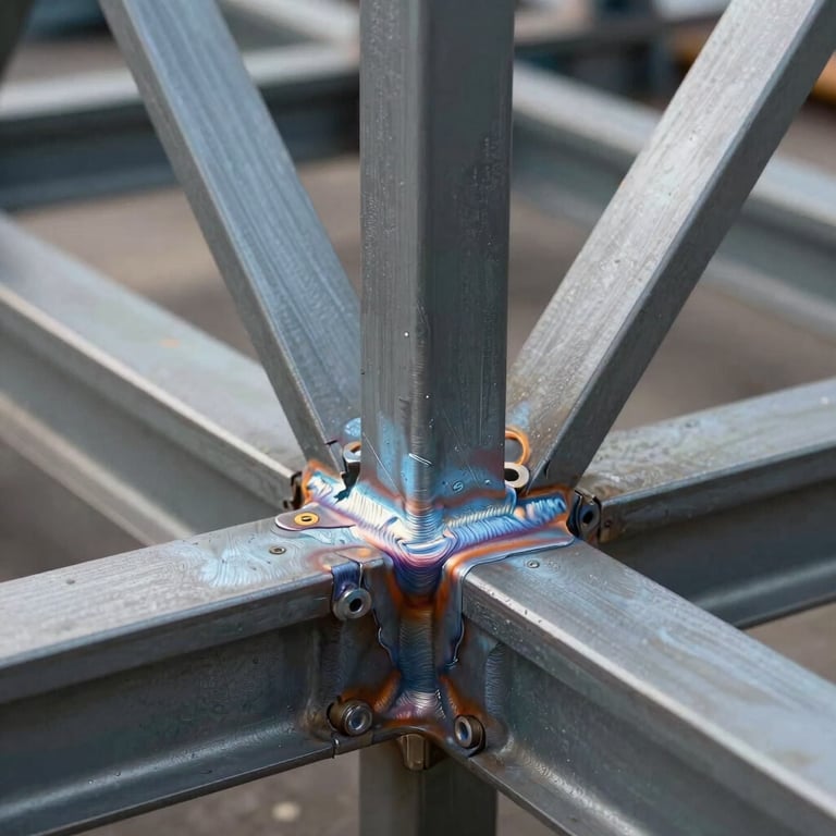 Close-up of industrial steel trusses showing clean, heavy-duty welding work.