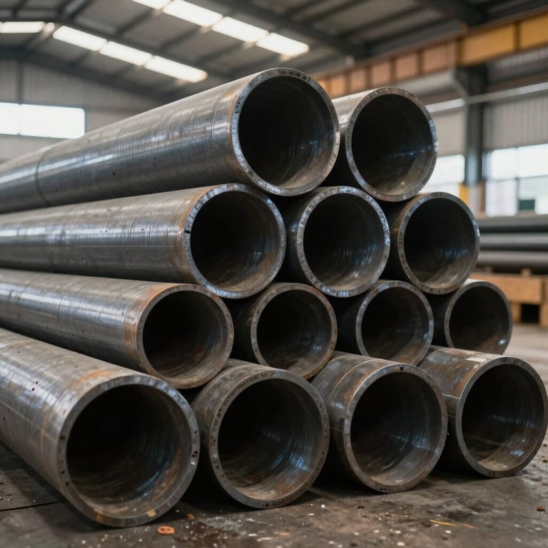 Symmetric stack of circular steel tubes in a bright Brazilian industrial warehouse with professional lighting.