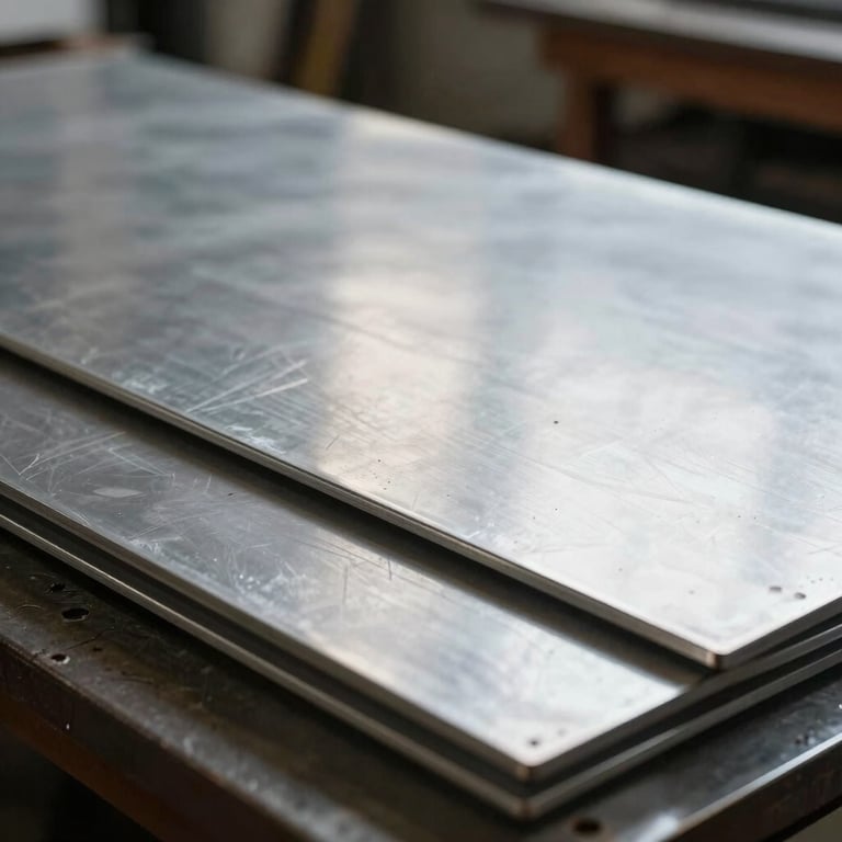 A series of flat steel plates with a clean finish reflecting soft natural light in a workshop.