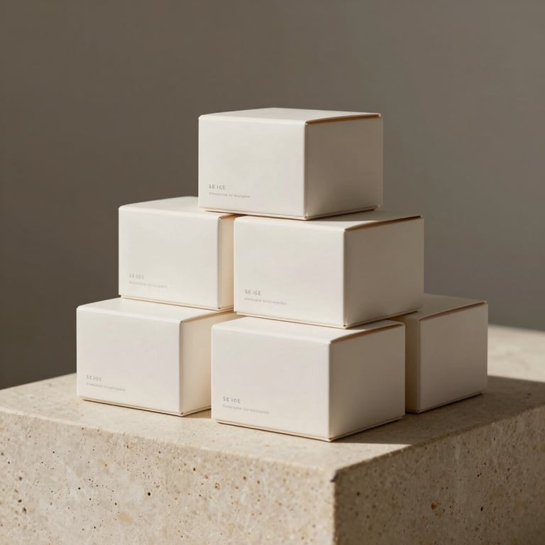 Stack of premium, off-white skincare packaging boxes on a soft beige stone pedestal in a minimalist editorial style.