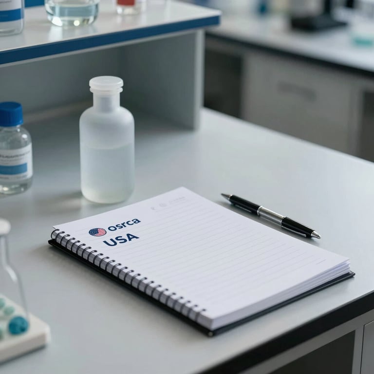 High-end European style lab bench with a single frosted glass bottle and a professional notebook, representing a North American / US consultancy.